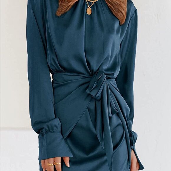 HP!!! Satin Dress Long Sleeve Crewneck Elastic Tie Waist Cocktail Mini Dress - Picture 2 of 8